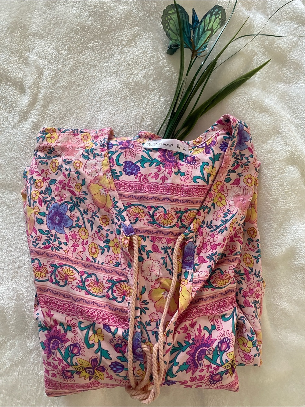 R VIVIMOS Bohemian Pink Floral Tie-Front Midi Dress. Size S - Picture 9 of 9
